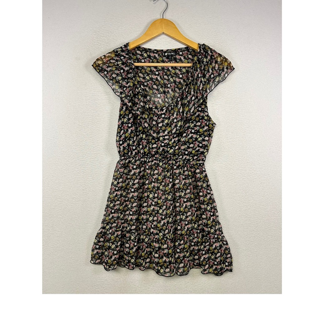 Cottagecore Lily White Womens Medium Black Floral Ruffle Chiffon Mini Dress